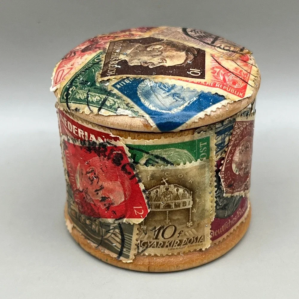 Vtg Decoupage Wooden Stamp Box International Philately Folk Art Trinket Jar 2